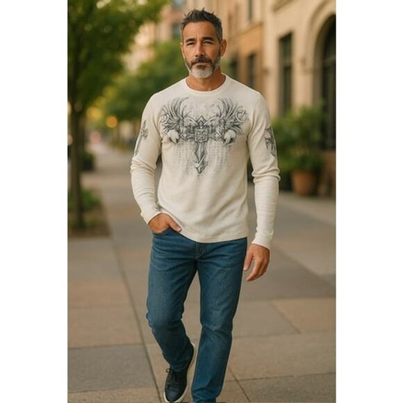 "MMA ELITE" Mens Thermal Gothic Cross Graphic Shirt SZ ? VTG Y2K Grungecore SPOT - Picture 1 of 16